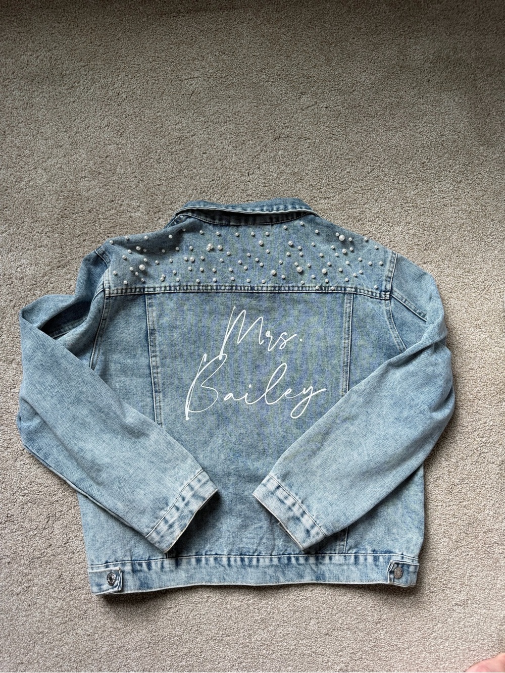 Mrs. Bailey Custom Pearl-Embellished Light Wash Denim Jacket with Script Back